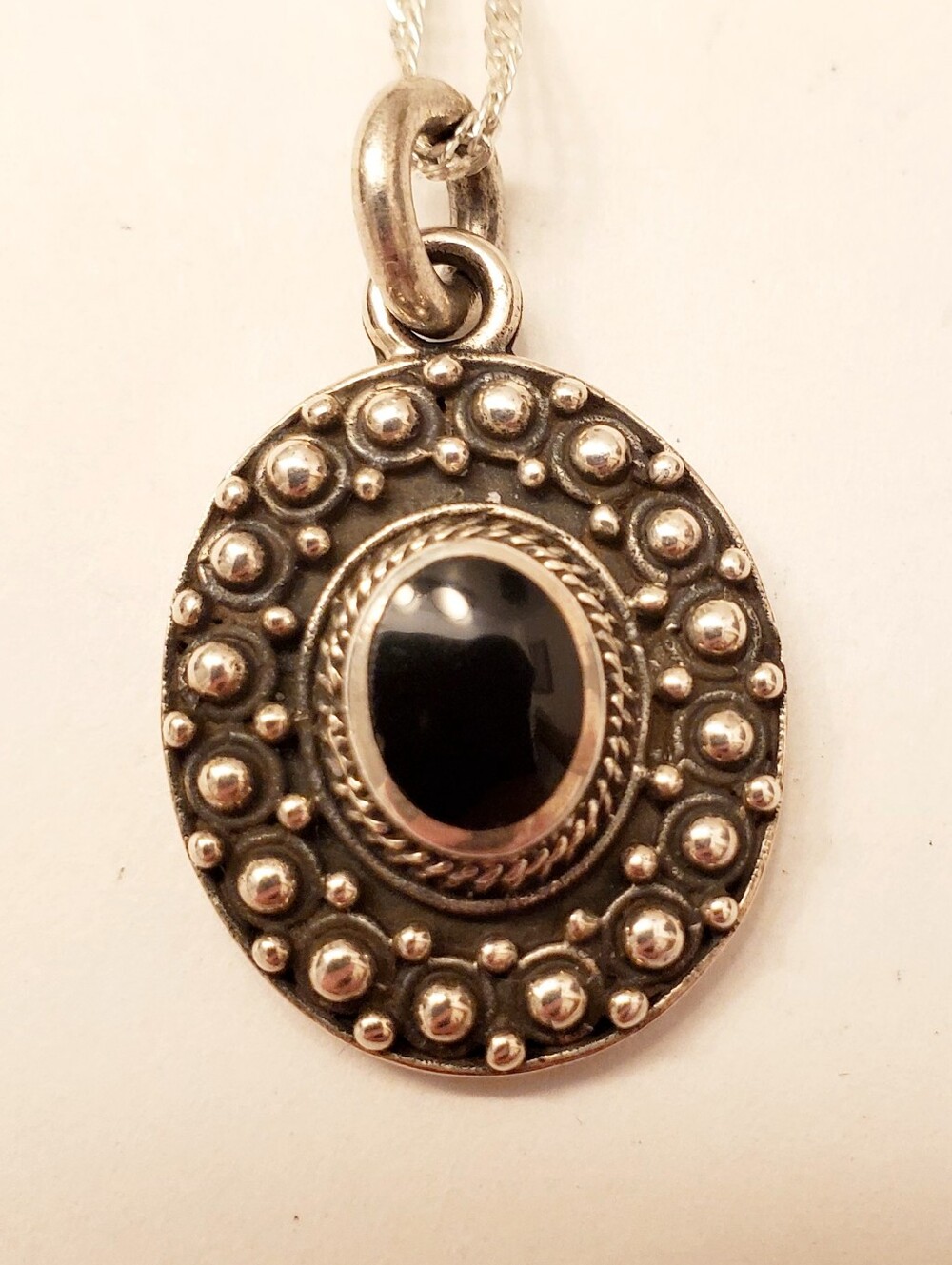 Sterling Silver & Black Onyx Oval Pendant Necklace With Italian .925 Chain